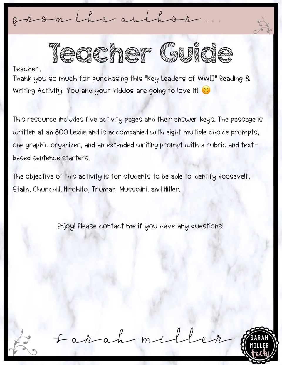 Teacher guide note listing five activity pages, an 800 Lexile passage, a graphic organizer and a writing prompt with rubric