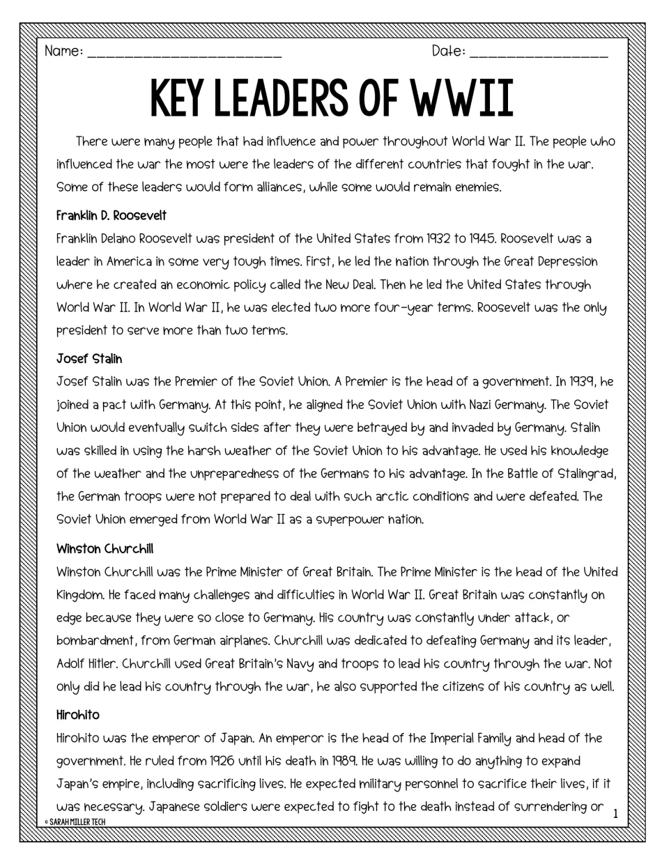 WWII leaders reading passage, part 1: short bios of Franklin D. Roosevelt, Josef Stalin, Winston Churchill and Hirohito