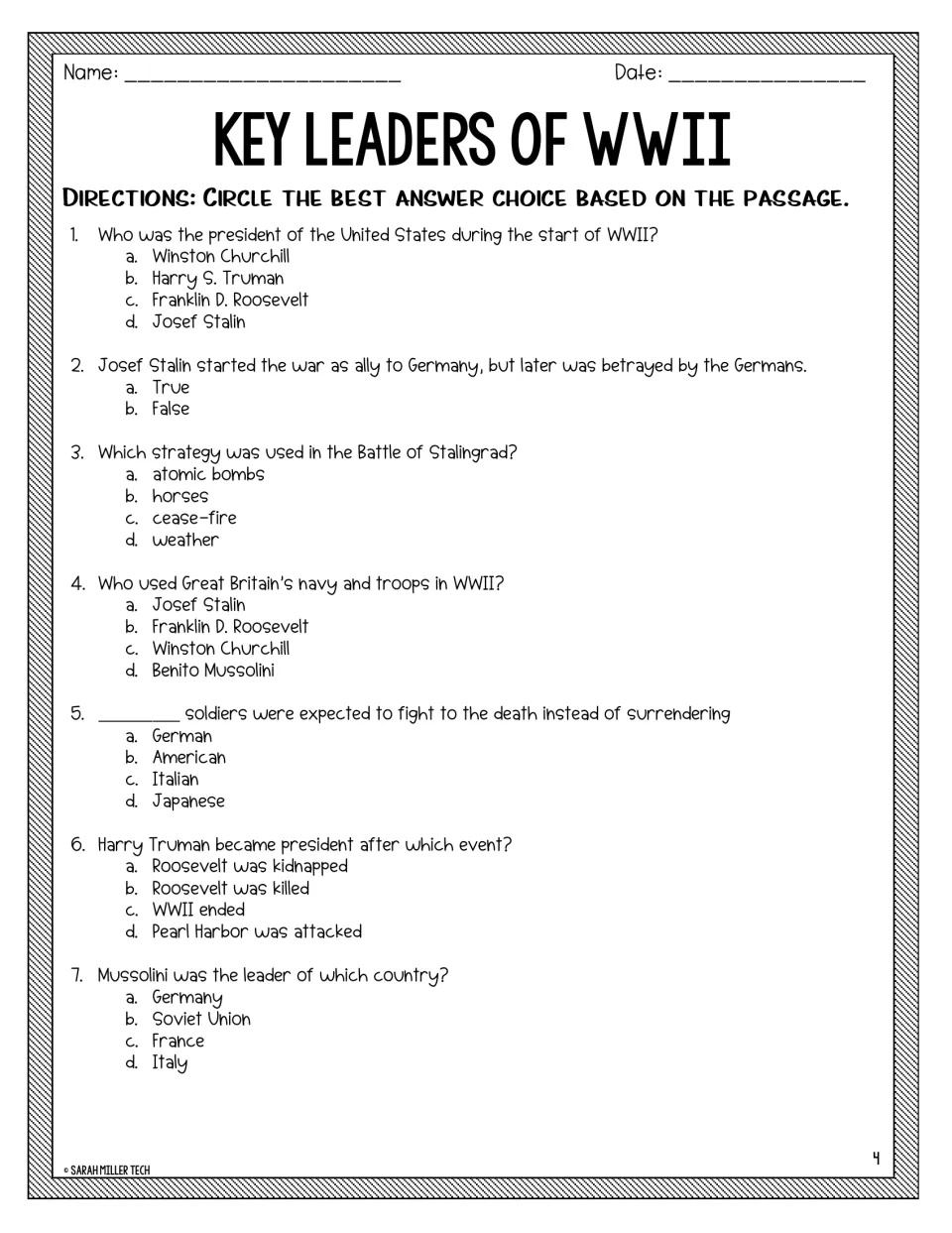 Comprehension questions 1-7: students circle answers on Roosevelt, Stalin, Stalingrad, Churchill, Truman and Mussolini
