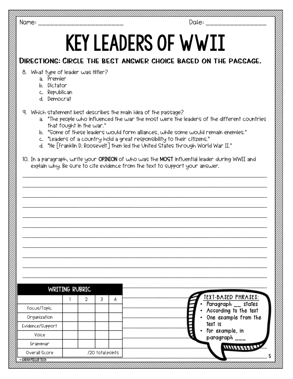 Questions 8-10: students choose Hitler's leader type and the main idea, then write an opinion on the most influential leader