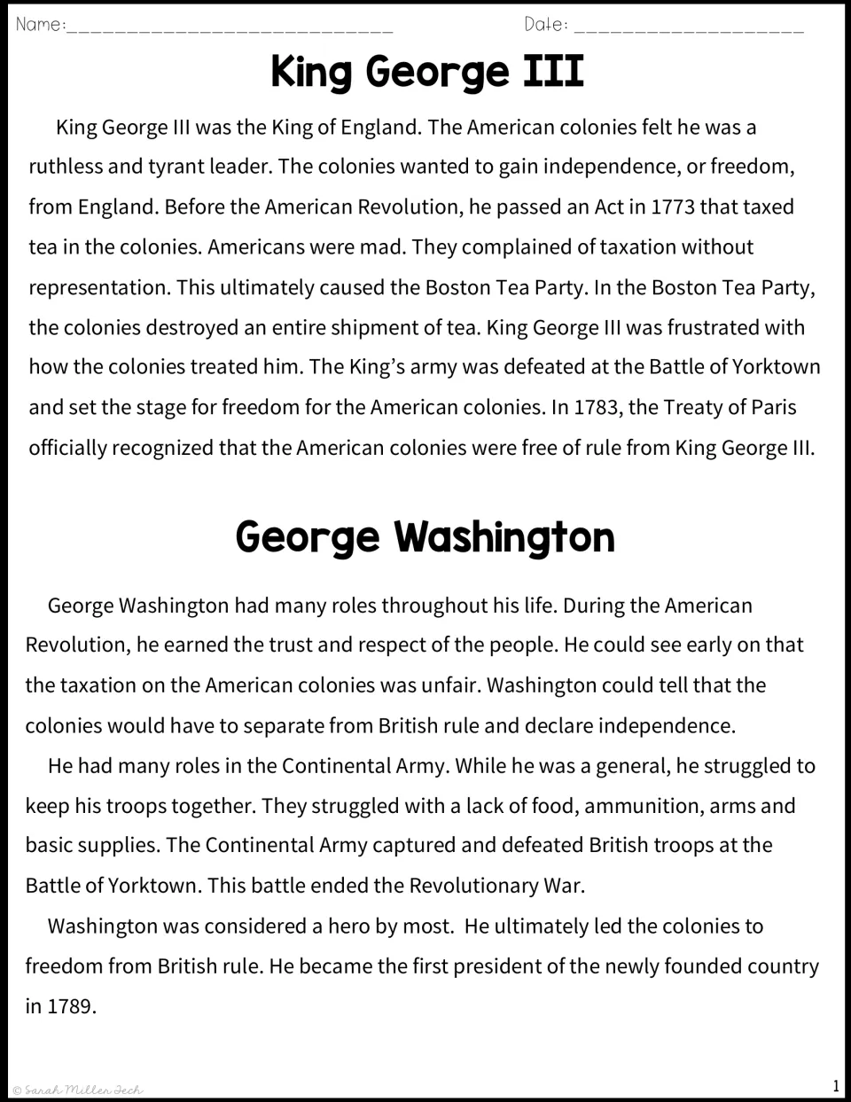 Reading passages on King George III and George Washington cover British rule and American independence.