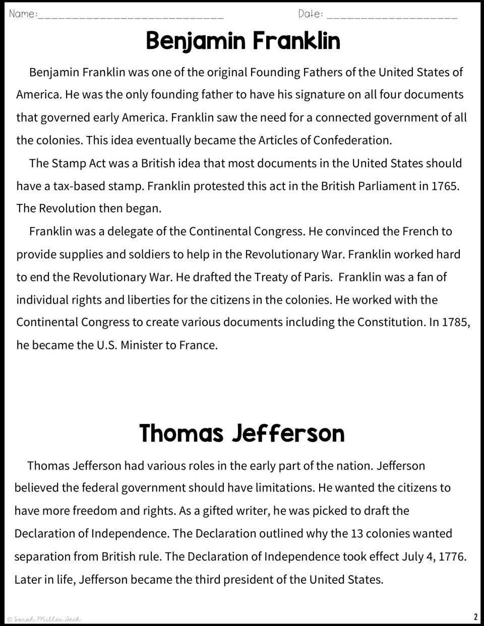 Reading passages profile Benjamin Franklin and Thomas Jefferson, including diplomacy and the Declaration.