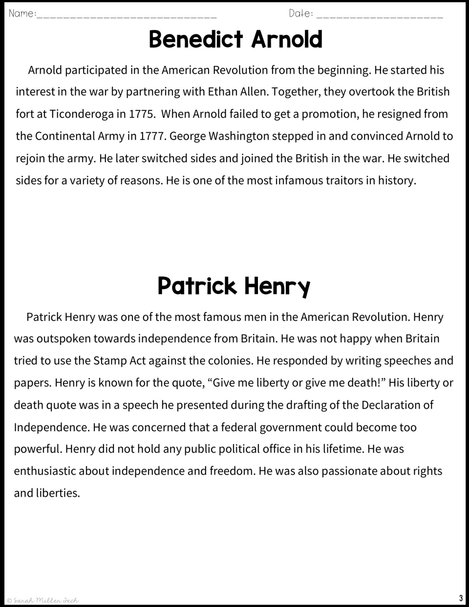 Reading passages profile Benedict Arnold switching sides and Patrick Henry speaking for independence.