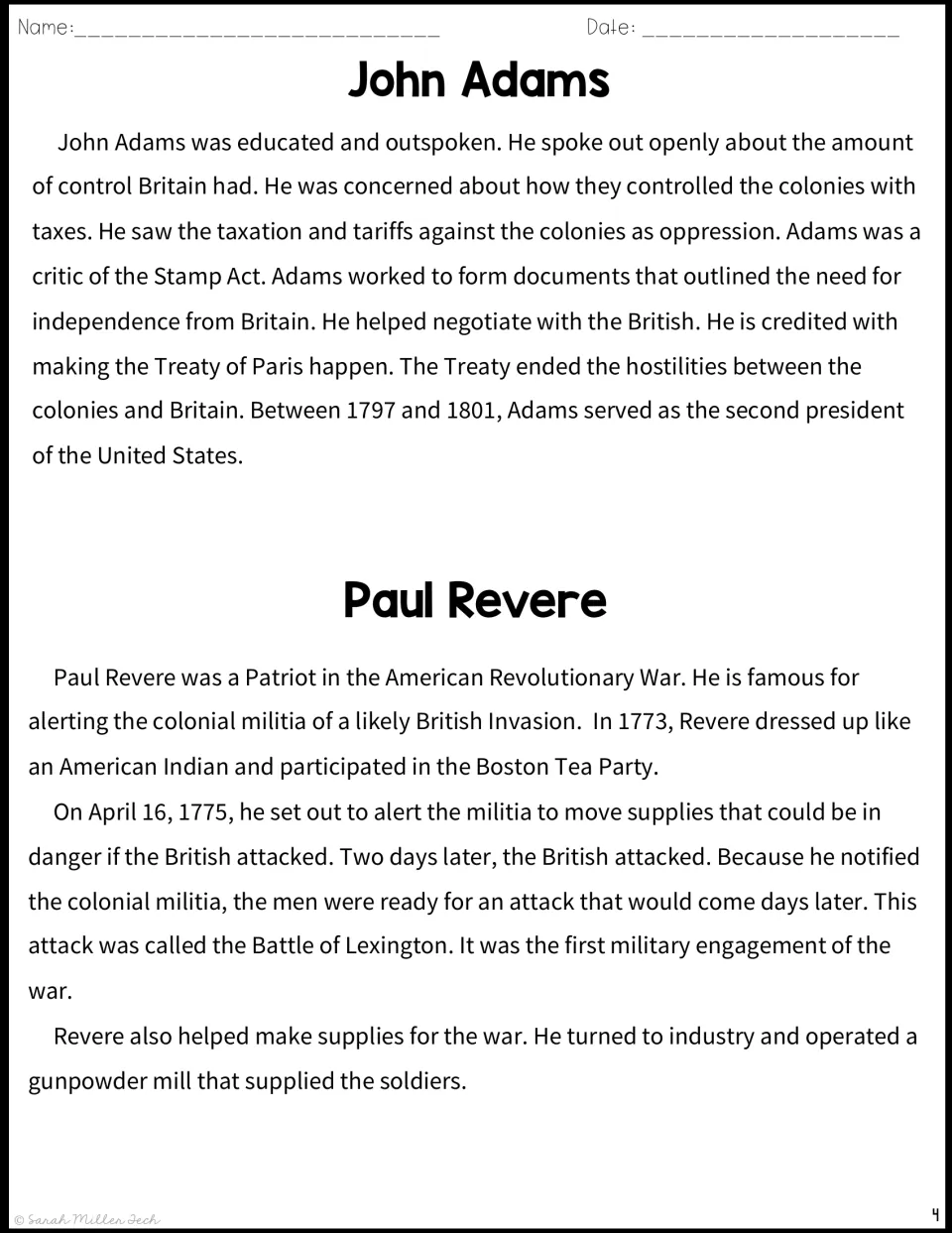 Reading passages profile John Adams negotiating peace and Paul Revere alerting the colonial militia.