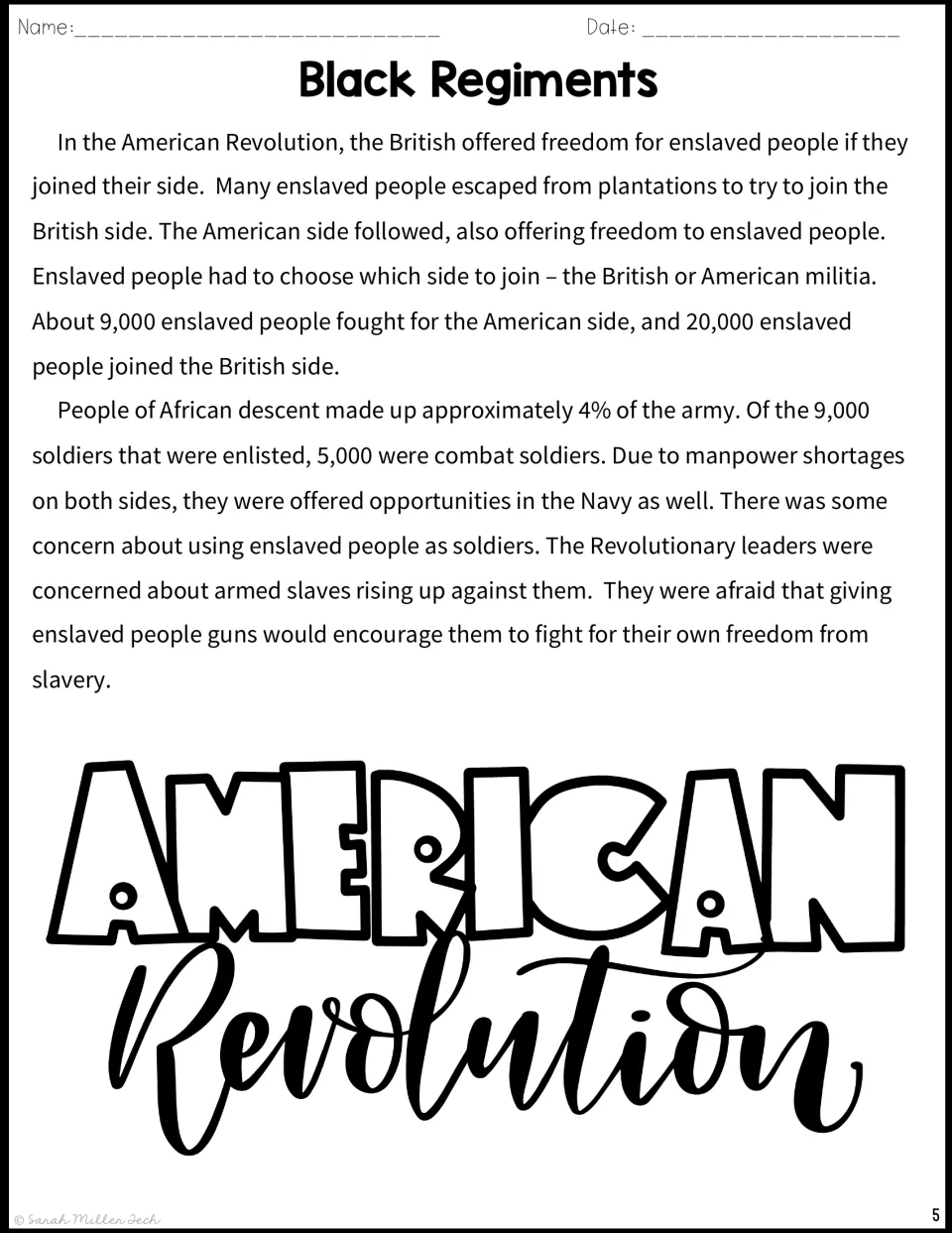 Black Regiments reading passage describes enslaved people joining both sides in hopes of gaining freedom.