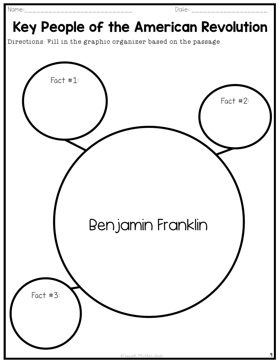Benjamin Franklin graphic organizer asks students to record three facts based on the reading passage.