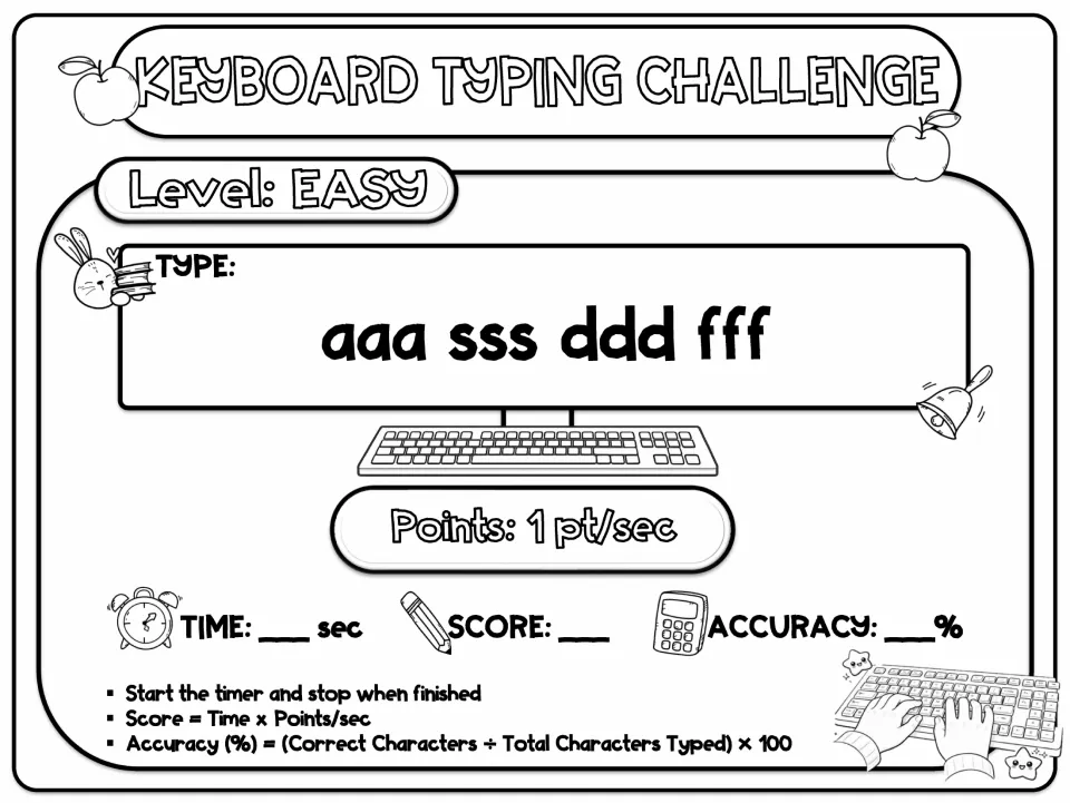 Easy typing task card: students type the repeated letters aaa sss ddd fff at 1 point per second and log their results