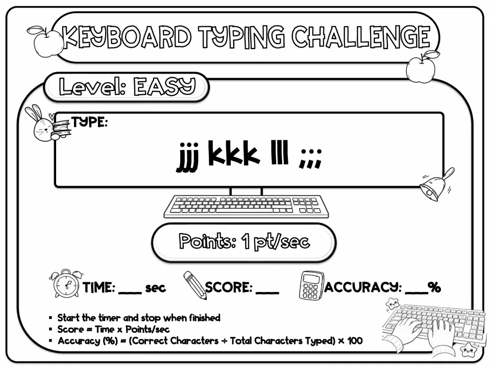 Easy typing task card: students type the repeated letters jjj kkk lll ;;; at 1 point per second and fill in time and score
