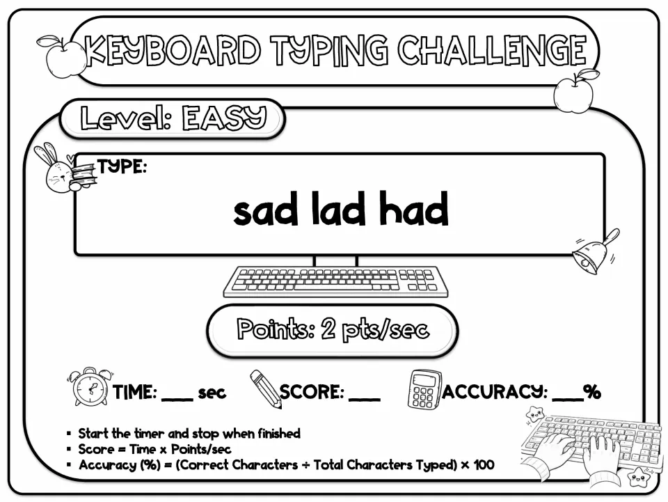 Easy typing task card: students type the three short words sad lad had worth 2 points per second and record accuracy