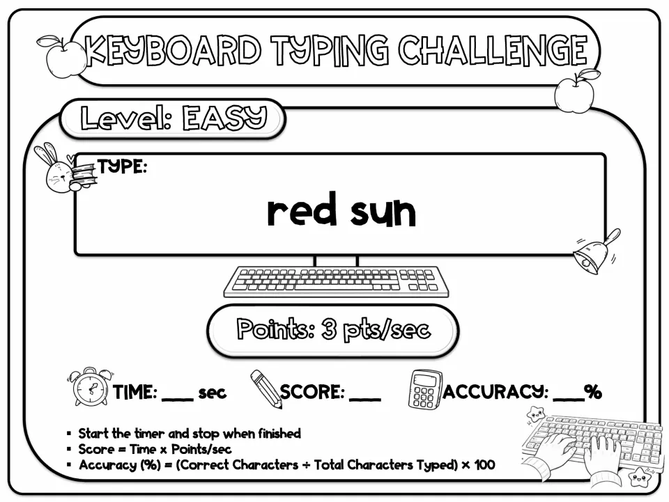 Easy typing task card: students type the two words red sun at 3 points per second and fill in time, score and accuracy