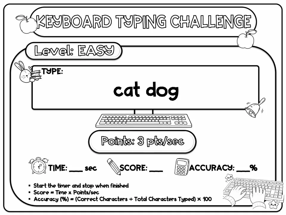 Easy typing task card: students type the words cat dog at 3 points per second, timing themselves and scoring accuracy