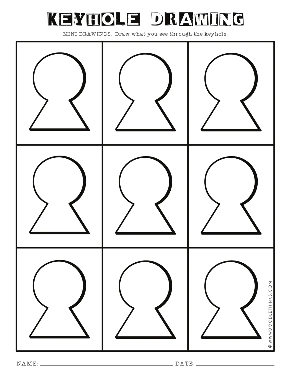 Mini keyhole drawings: students fill nine small blank keyholes with a different imagined scene seen through each one
