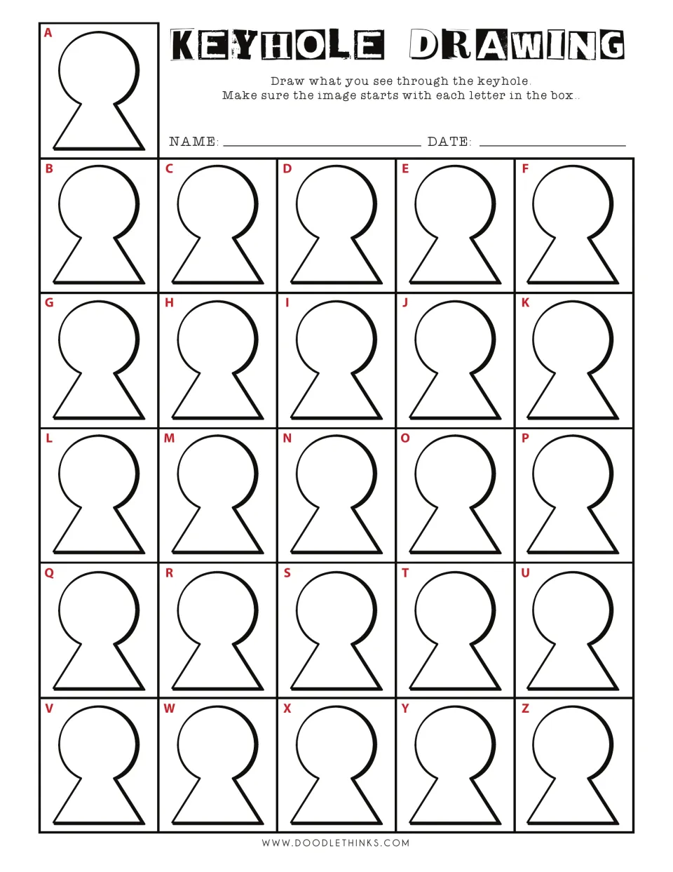 Alphabet keyhole drawing: students draw an image in each keyhole lettered A to Z that starts with that box's letter