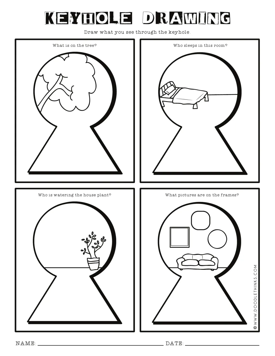Keyhole scene prompts: students finish four partly drawn views of a tree, a bed, a plant and a sofa by answering questions