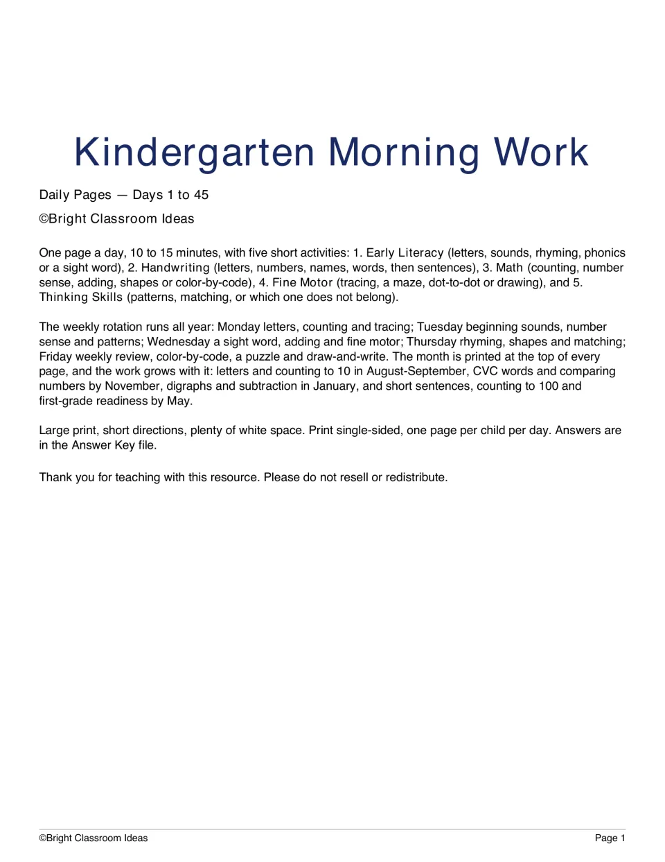 Morning work introduction for Days 1–45, outlining five daily activities and the weekly skill rotation