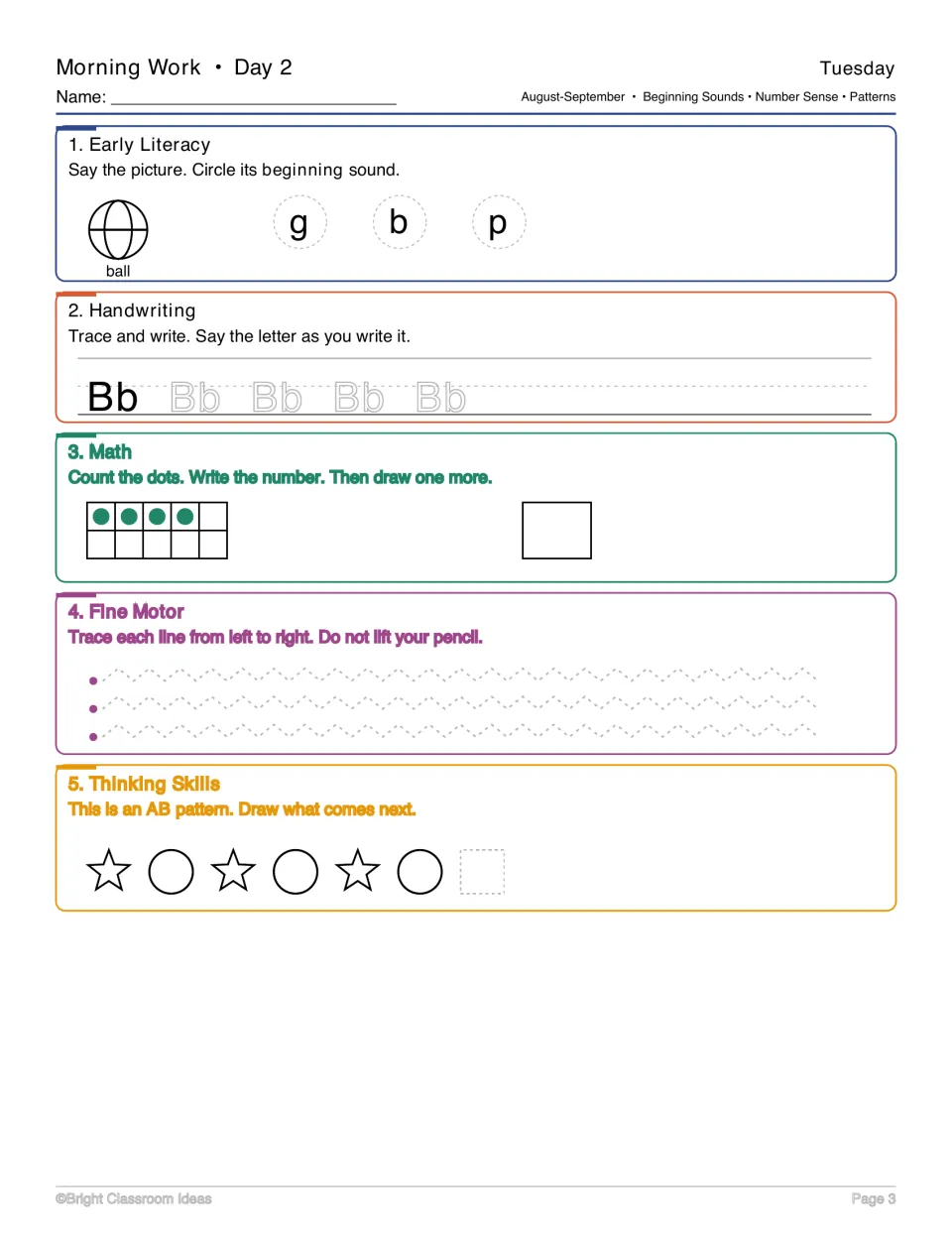Day 2 morning work: identify ball's beginning sound, trace Bb, count four dots, and extend an AB pattern