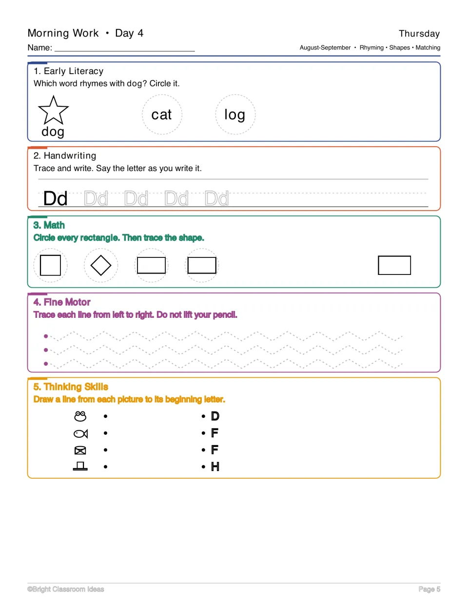 Day 4 morning work: rhyme dog with log, trace Dd, identify rectangles, and match pictures to letters