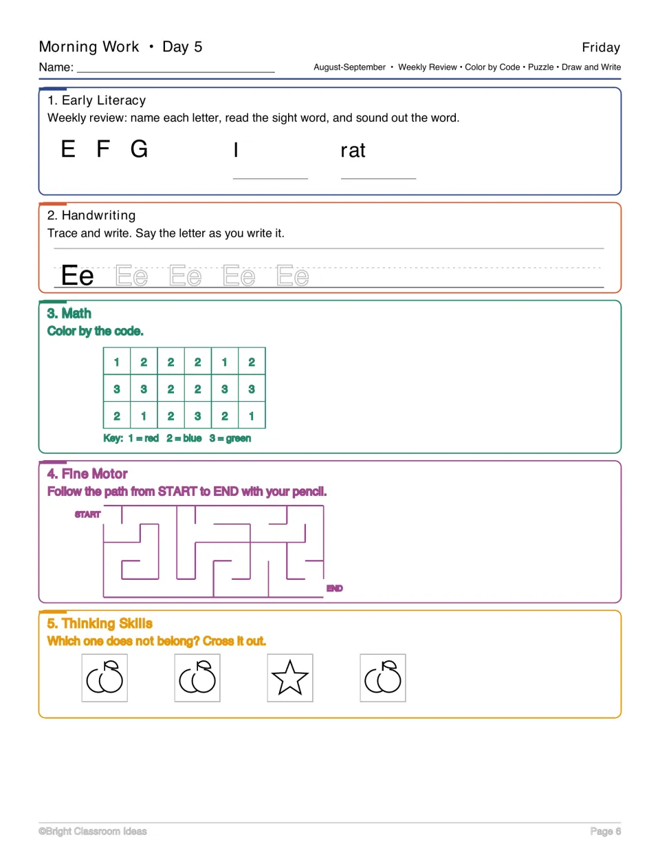 Day 5 morning work: review E, F, G, I, and rat; trace Ee, color by number, and follow a maze from start to end
