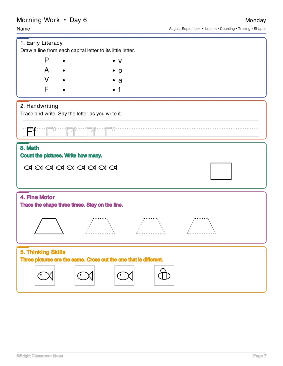 Day 6 morning work: match P, A, V, F to lowercase letters, trace Ff, count nine fish, and trace trapezoids