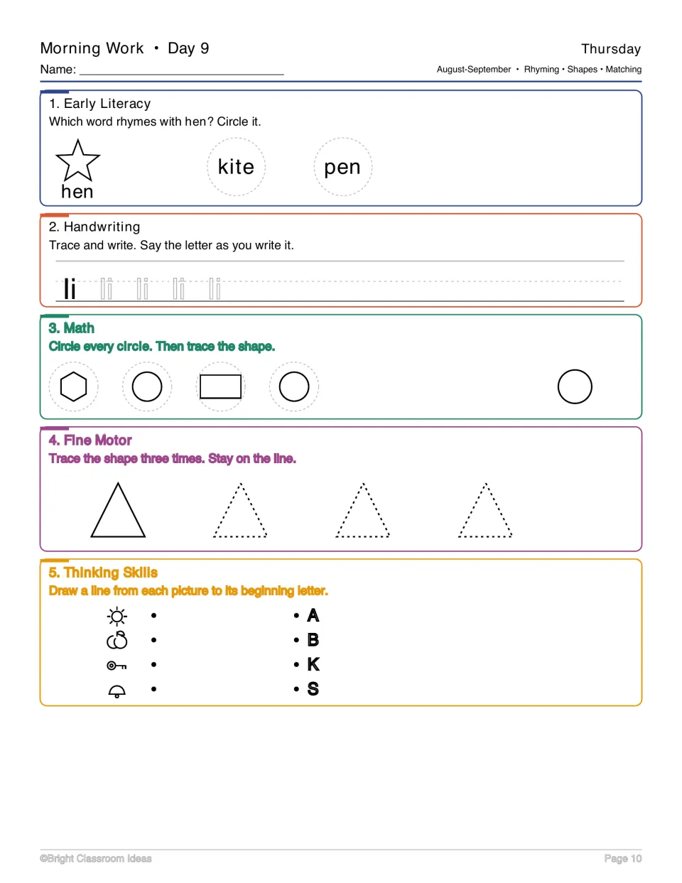 Day 9 morning work: rhyme hen with pen, trace Ii, identify circles, trace triangles, and match letters