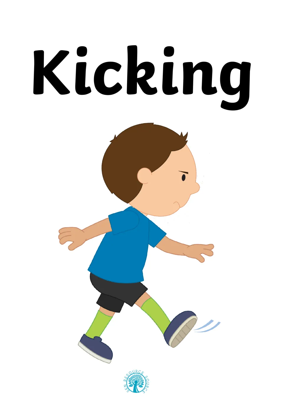 Cover of the Kicking Social Story, showing the heading 'Kicking' and an illustration of a boy kicking