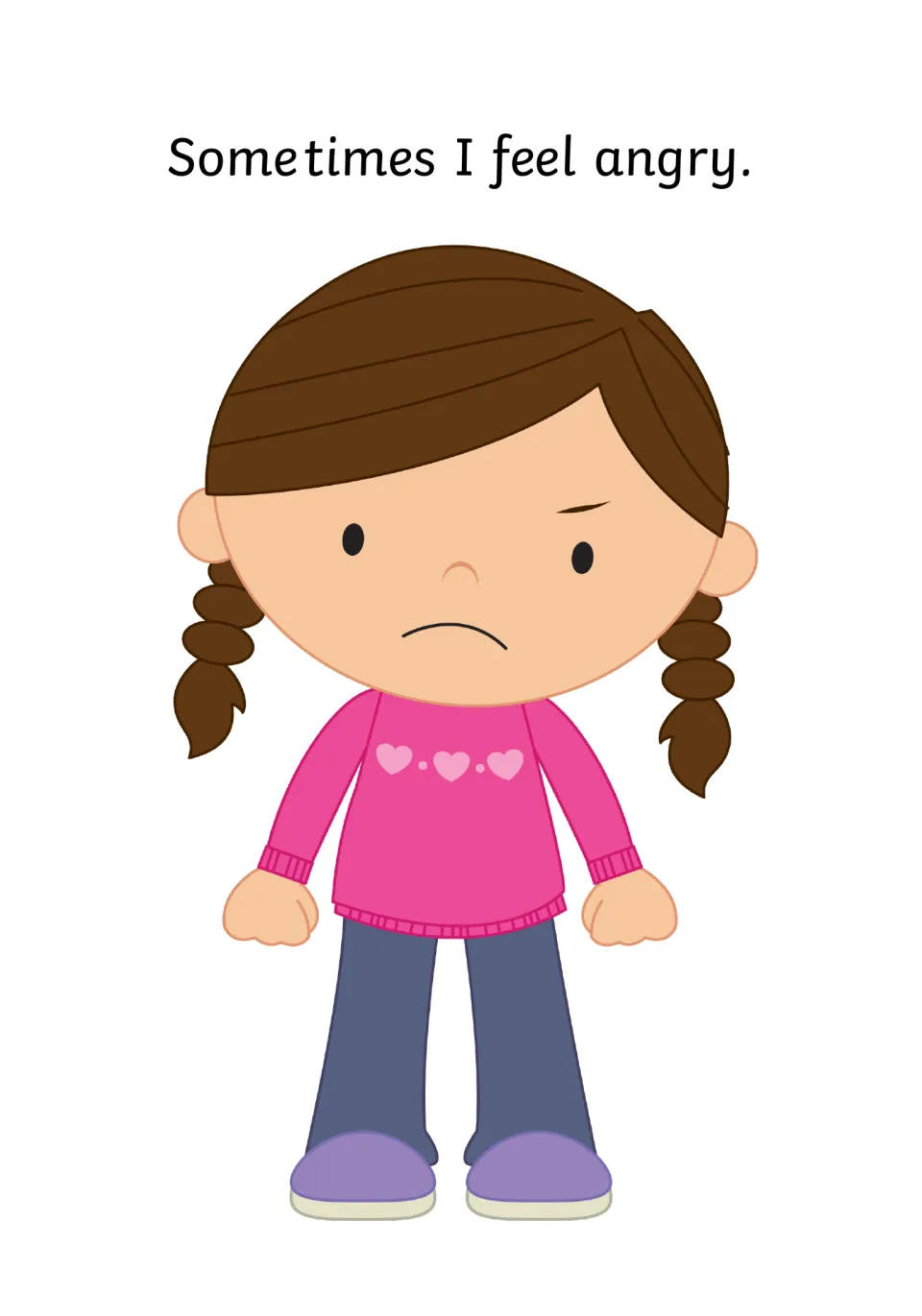 Social story opening: 'Sometimes I feel angry,' illustrated by a girl frowning and clenching her fists