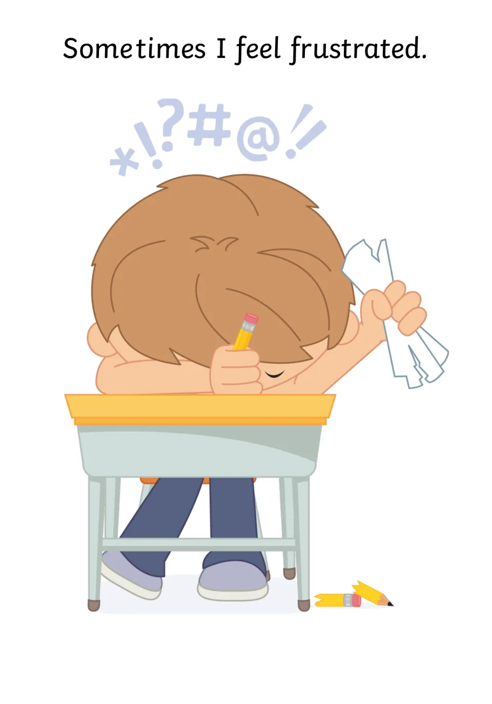 Social story page: 'Sometimes I feel frustrated,' showing a child at a desk holding torn paper