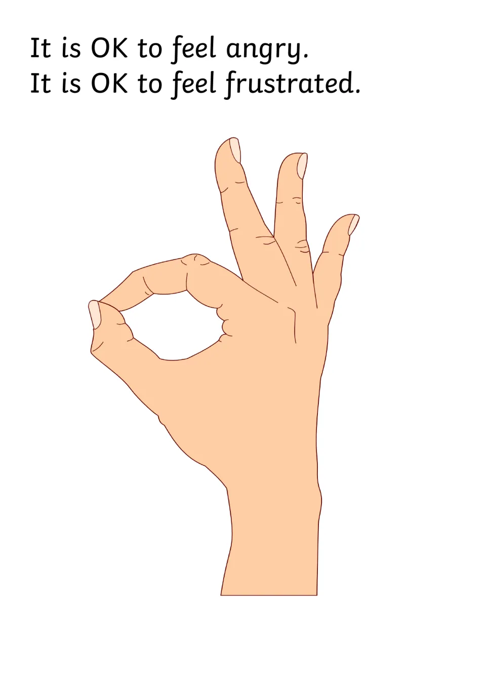 Social story page affirming 'It is OK to feel angry' and 'It is OK to feel frustrated,' with an OK hand sign