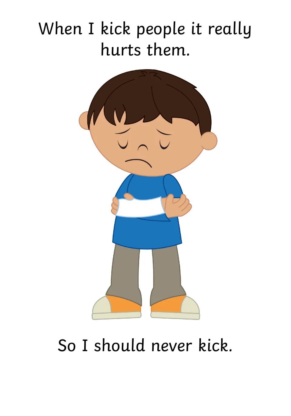 Social story page: kicking people 'really hurts them,' followed by 'So I should never kick'
