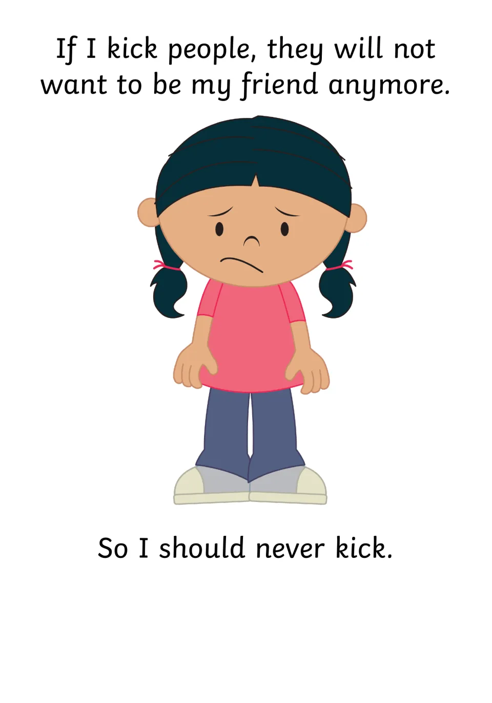 Social story page saying people will not want to be friends if kicked, followed by 'So I should never kick'