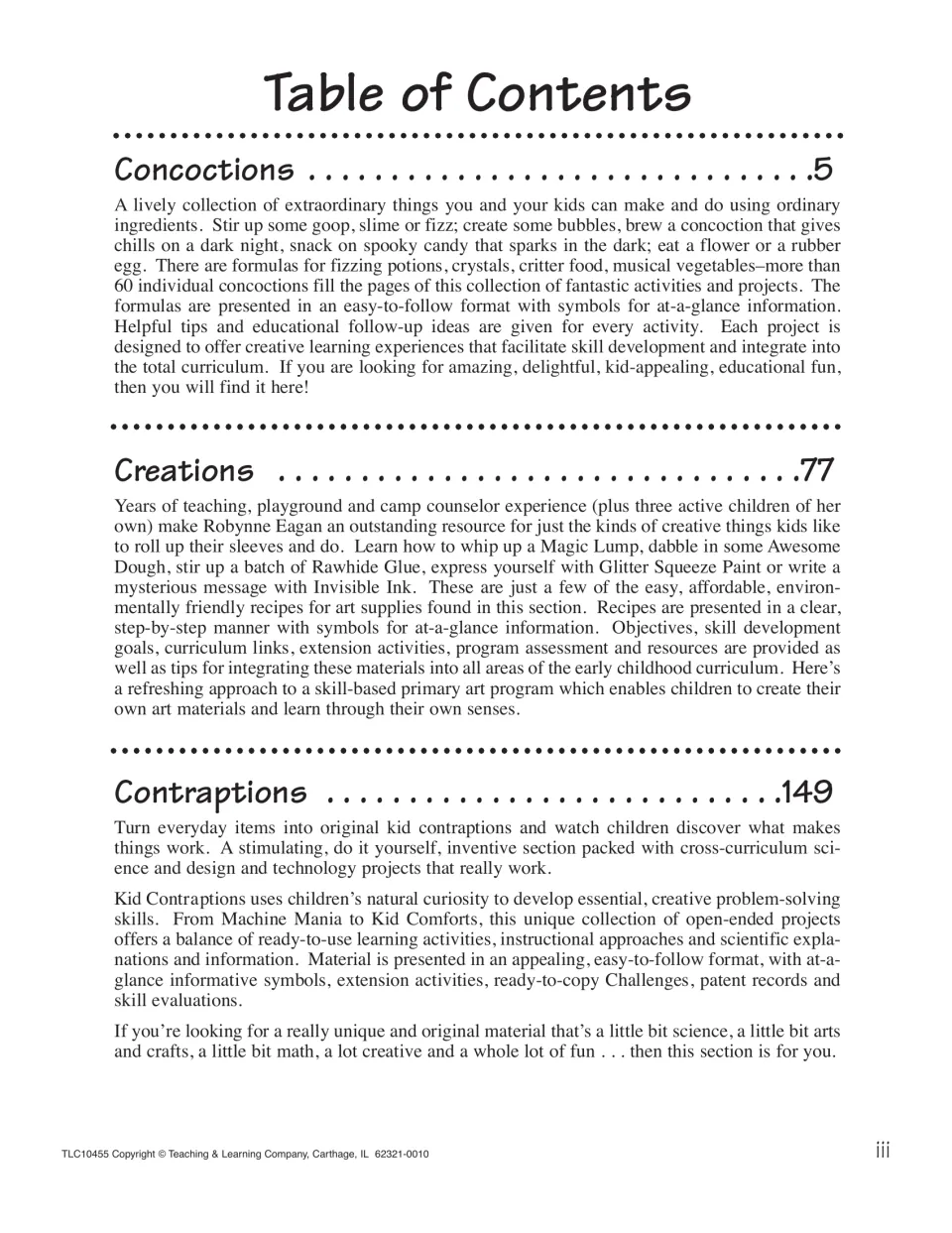 Contents overview of three sections: Concoctions from page 5, Creations from page 77 and Contraptions from page 149