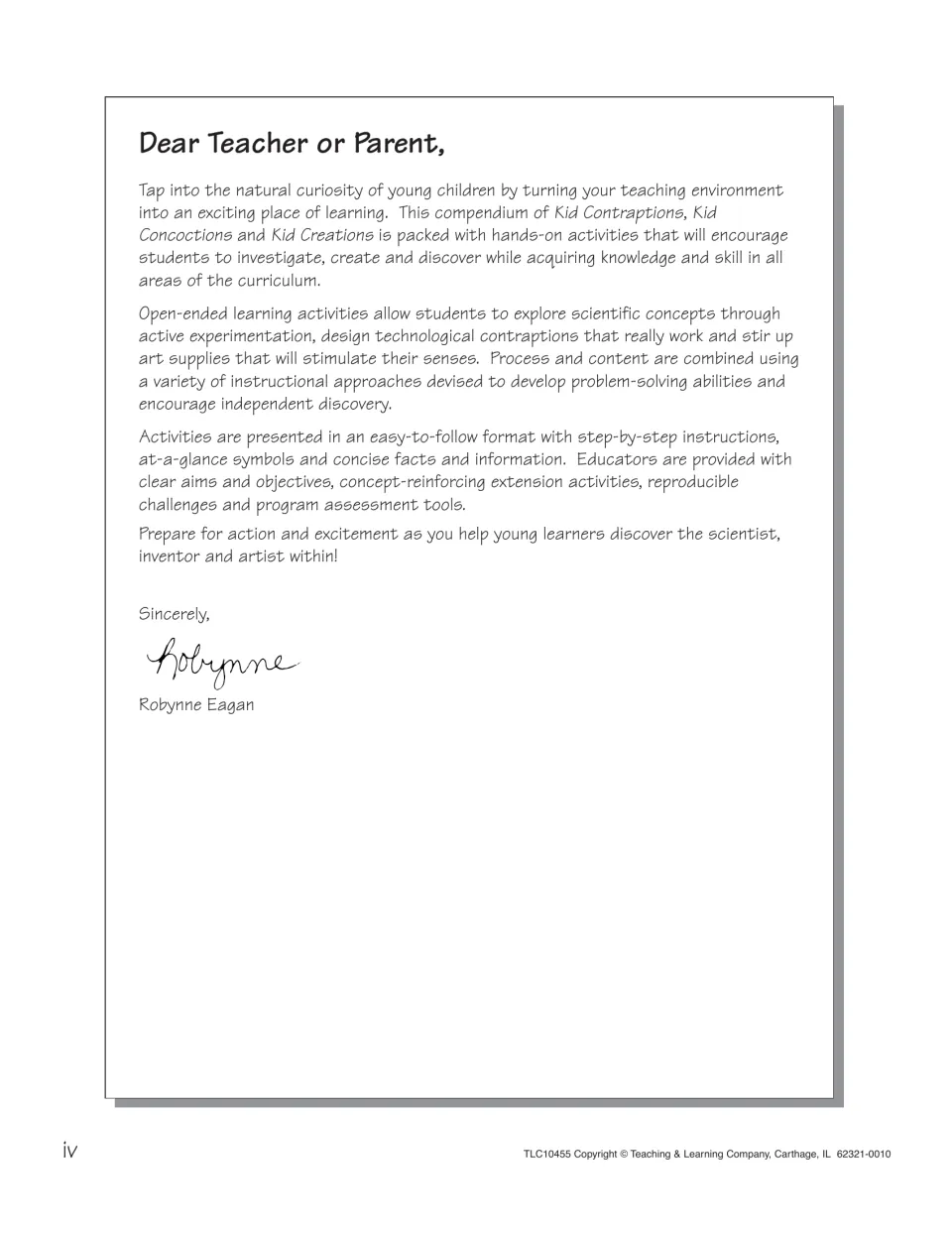 Author letter to teachers and parents from Robynne Eagan describing hands-on science, invention and art supply activities
