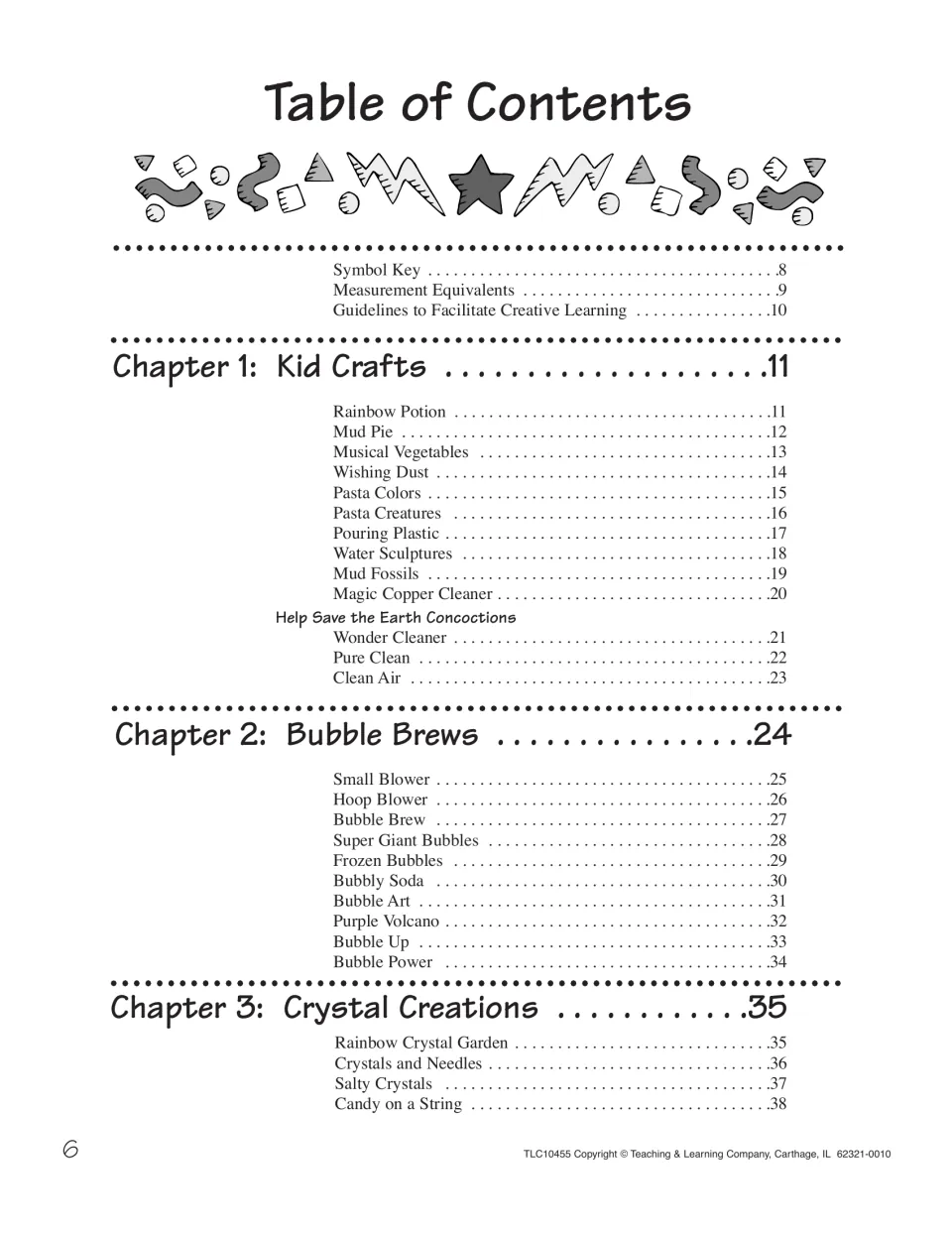 Concoctions contents, chapters 1 to 3: Kid Crafts, Bubble Brews and Crystal Creations, listing recipes like Mud Pie
