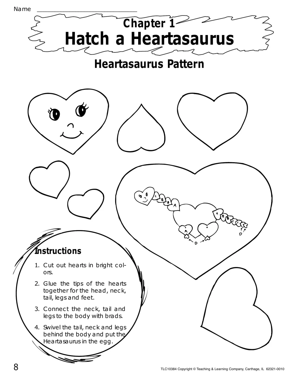 Heartasaurus pattern: heart shapes to cut out and join with glue and brads into a dinosaur, with an assembly diagram