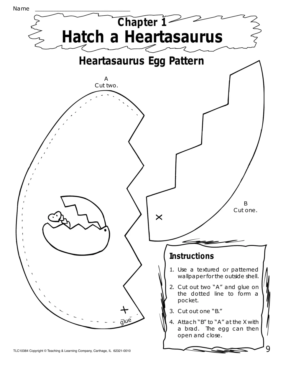 Heartasaurus egg pattern: cut two A shell pieces and one B piece, then attach with a brad so the egg opens and closes
