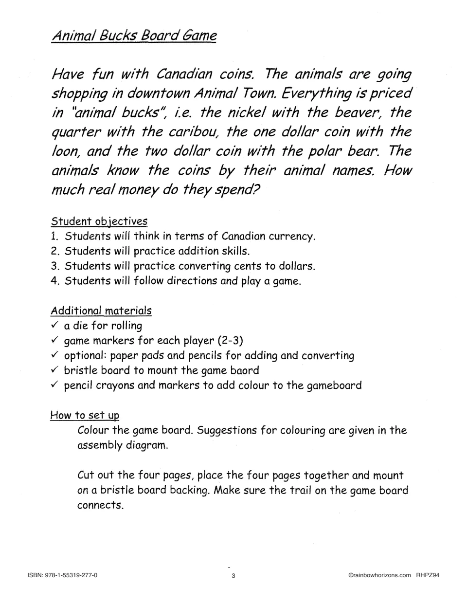 Animal Bucks teacher directions introduce Canadian coins, addition, cents-to-dollars practice, and setup