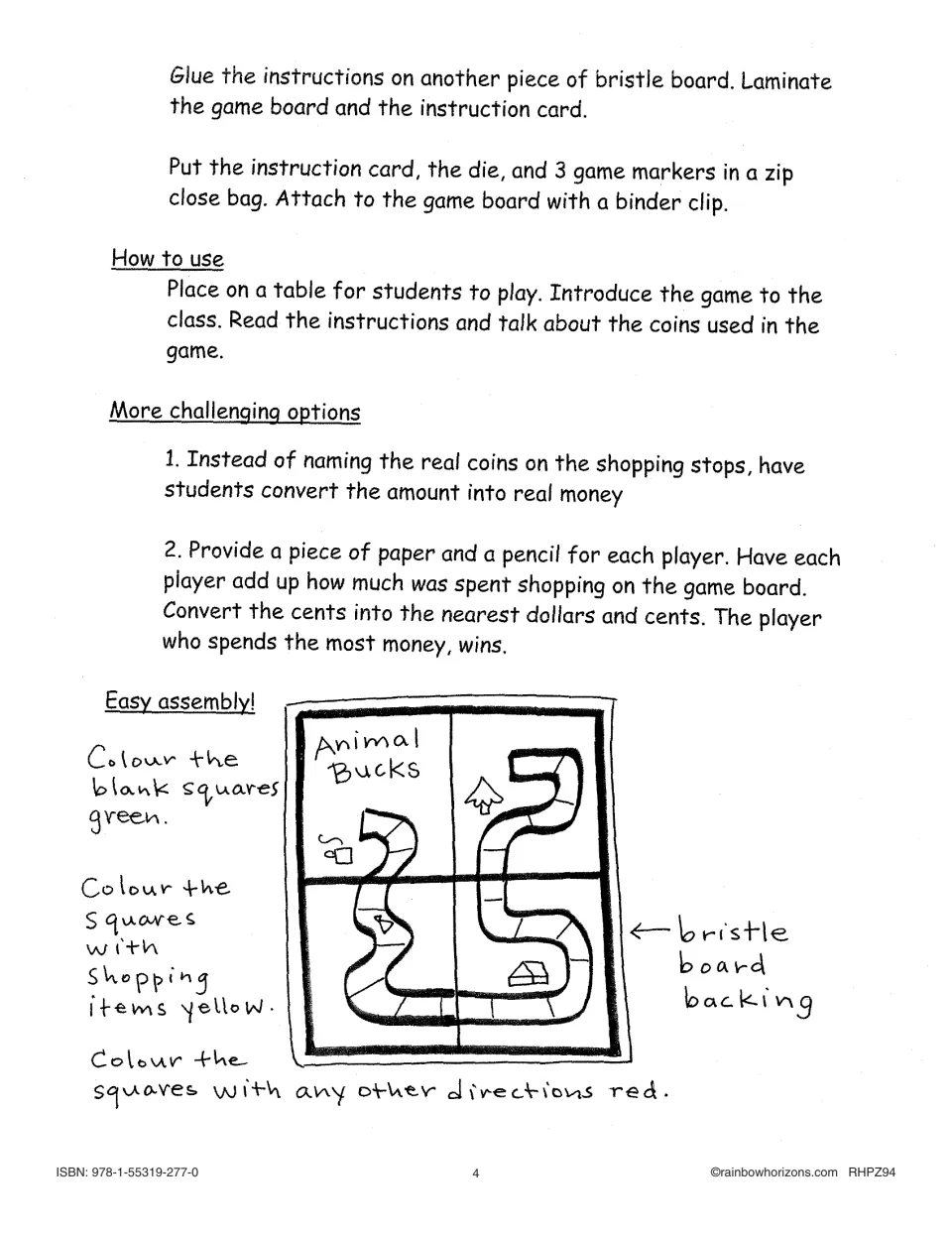 Animal Bucks setup continues with storage tips, classroom use, harder money tasks, and an assembly diagram