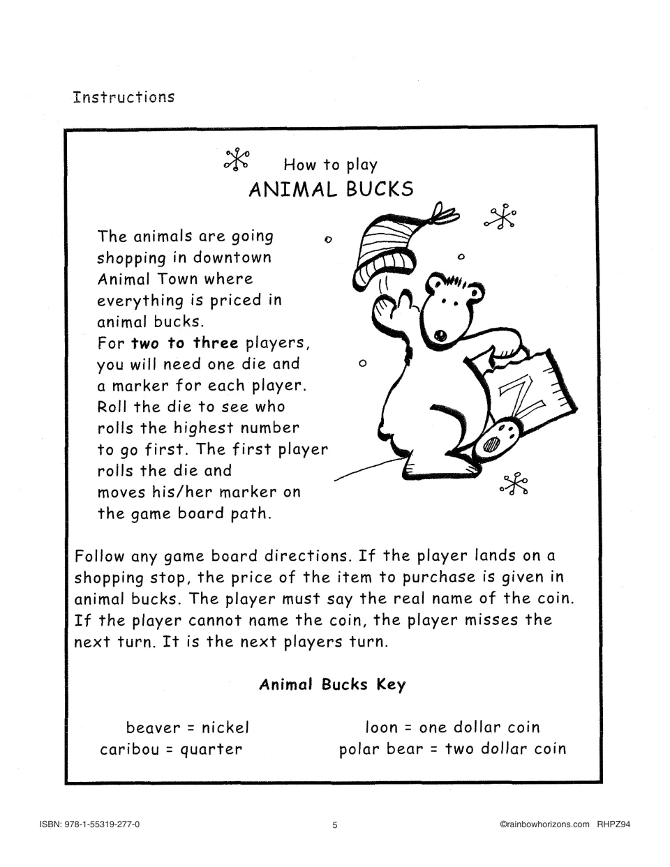 Animal Bucks player instructions explain turns and identify beaver, caribou, loon, and polar bear coins