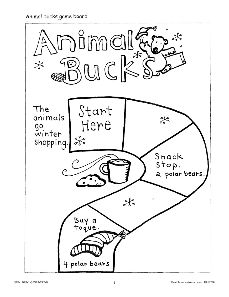 Animal Bucks game board section 1 of 4: start, a snack costing 2 polar bears, and a toque costing 4 polar bears