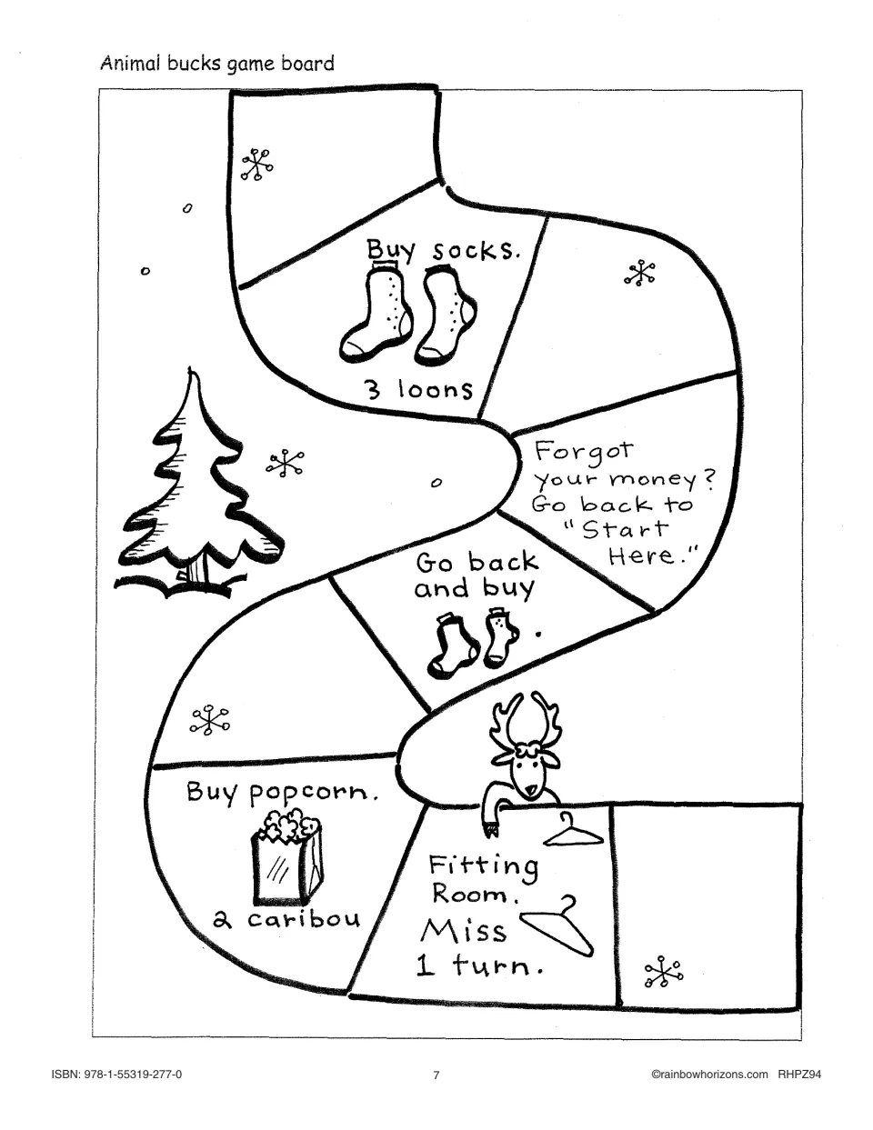 Animal Bucks game board section 2 of 4: socks cost 3 loons, popcorn costs 2 caribou, and a fitting room costs a turn