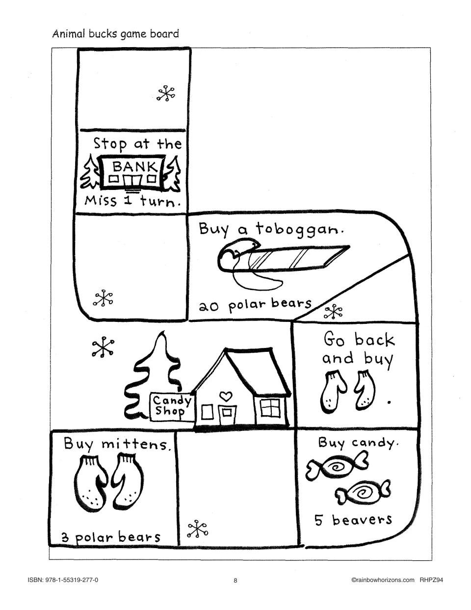 Animal Bucks game board section 3 of 4: a bank stop, a toboggan for 20 polar bears, mittens, and candy