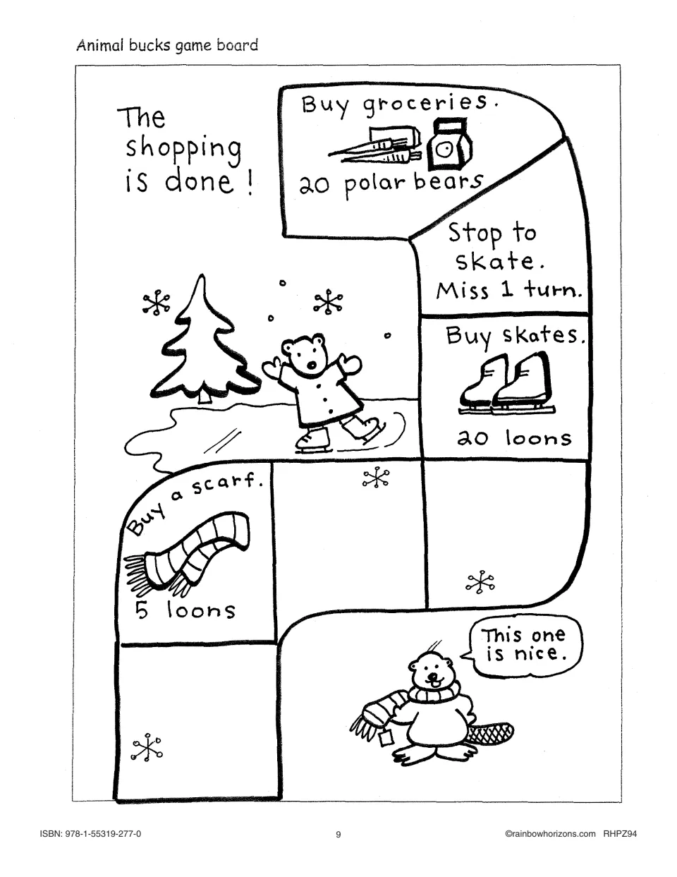 Animal Bucks game board section 4 of 4: a scarf for 5 loons, skates for 20 loons, groceries, and a skating stop