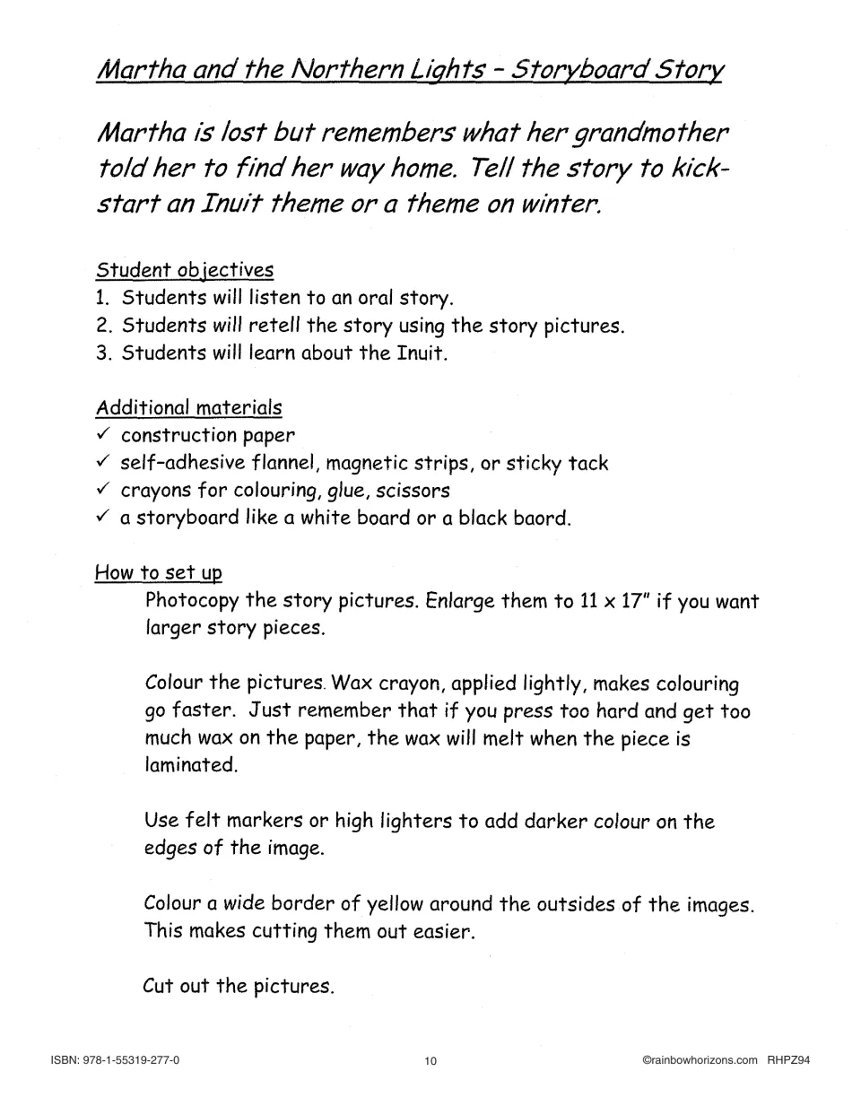 Martha and the Northern Lights storyboard lesson introduces listening, retelling, and story picture preparation