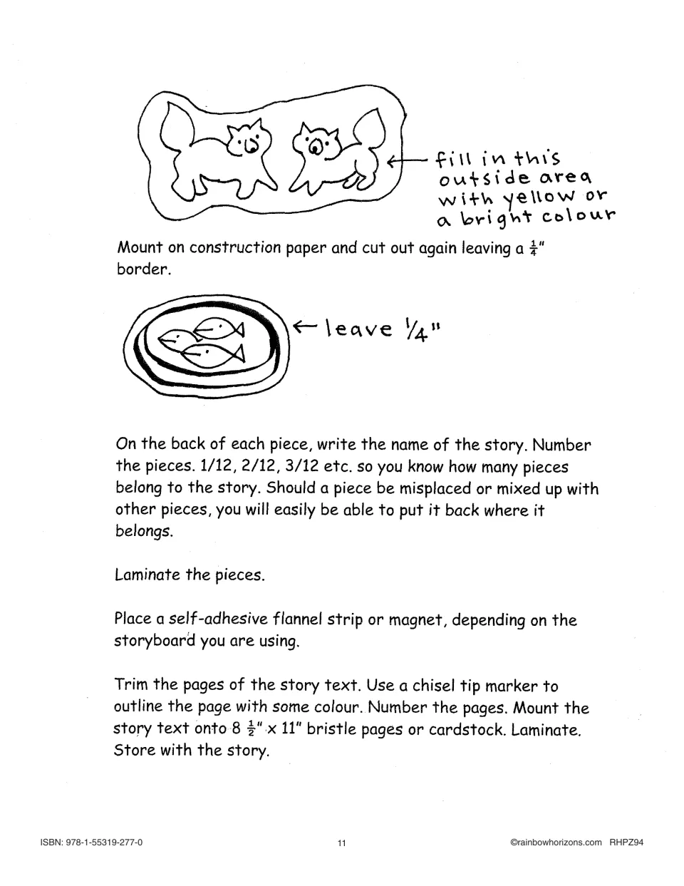 Storyboard preparation continues: mount, number, and laminate story pieces, then attach flannel strips or magnets