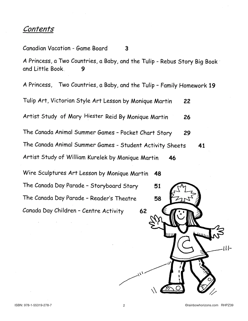 Contents list of 12 units, from the Canadian Vacation game board to the Canada Day Children center activity