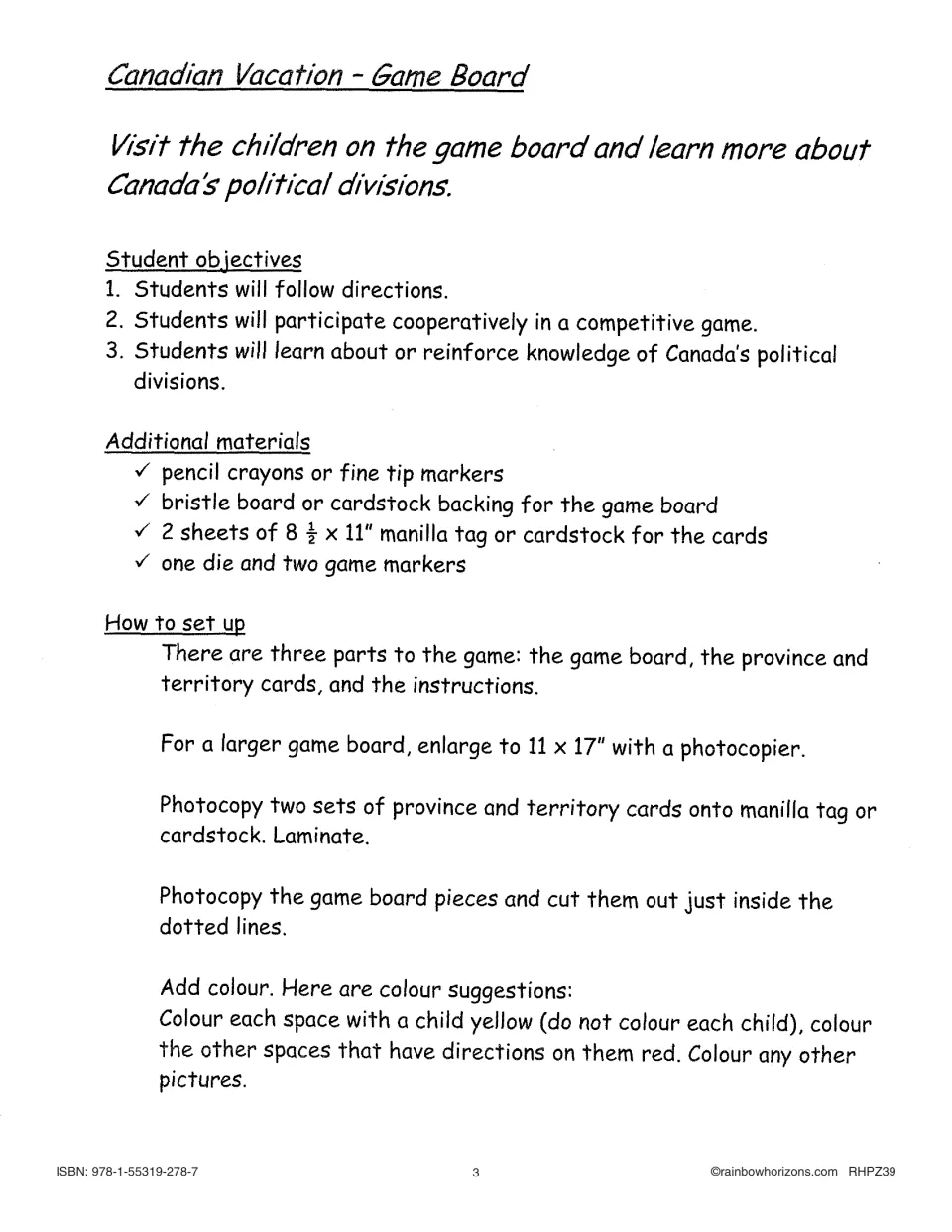 Canadian Vacation game board lesson: objectives on Canada's political divisions, materials list and setup steps