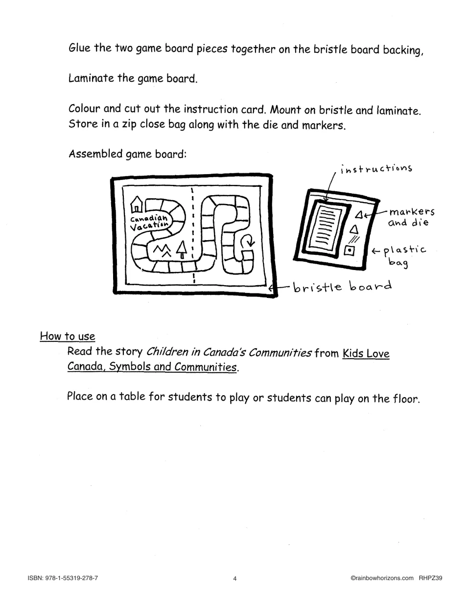 Game board assembly steps with a labeled diagram of the board, instruction card, markers and die in a plastic bag