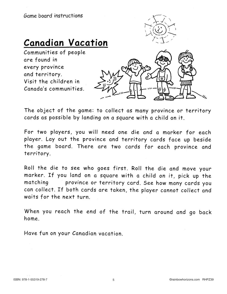 Canadian Vacation rules for two players: collect province and territory cards by landing on a child's square