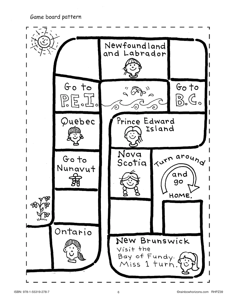 Game board piece 1: spaces for Quebec, Ontario, Nova Scotia, New Brunswick and more, plus 'Go to P.E.I.' moves