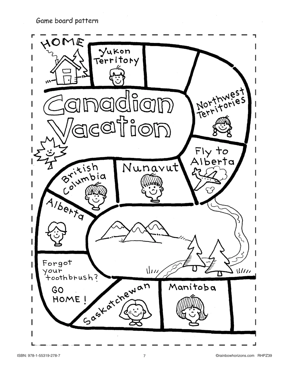 Game board piece 2 with the Canadian Vacation title, HOME start, and spaces for Yukon, Nunavut, Alberta and more